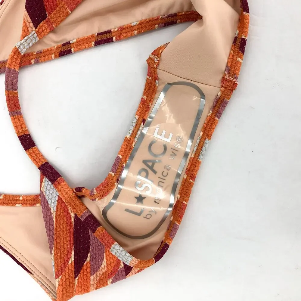 L*SPACE Women's Jay Bitsy Bikini Bottom Medium Orange The Wedge Printed NWT